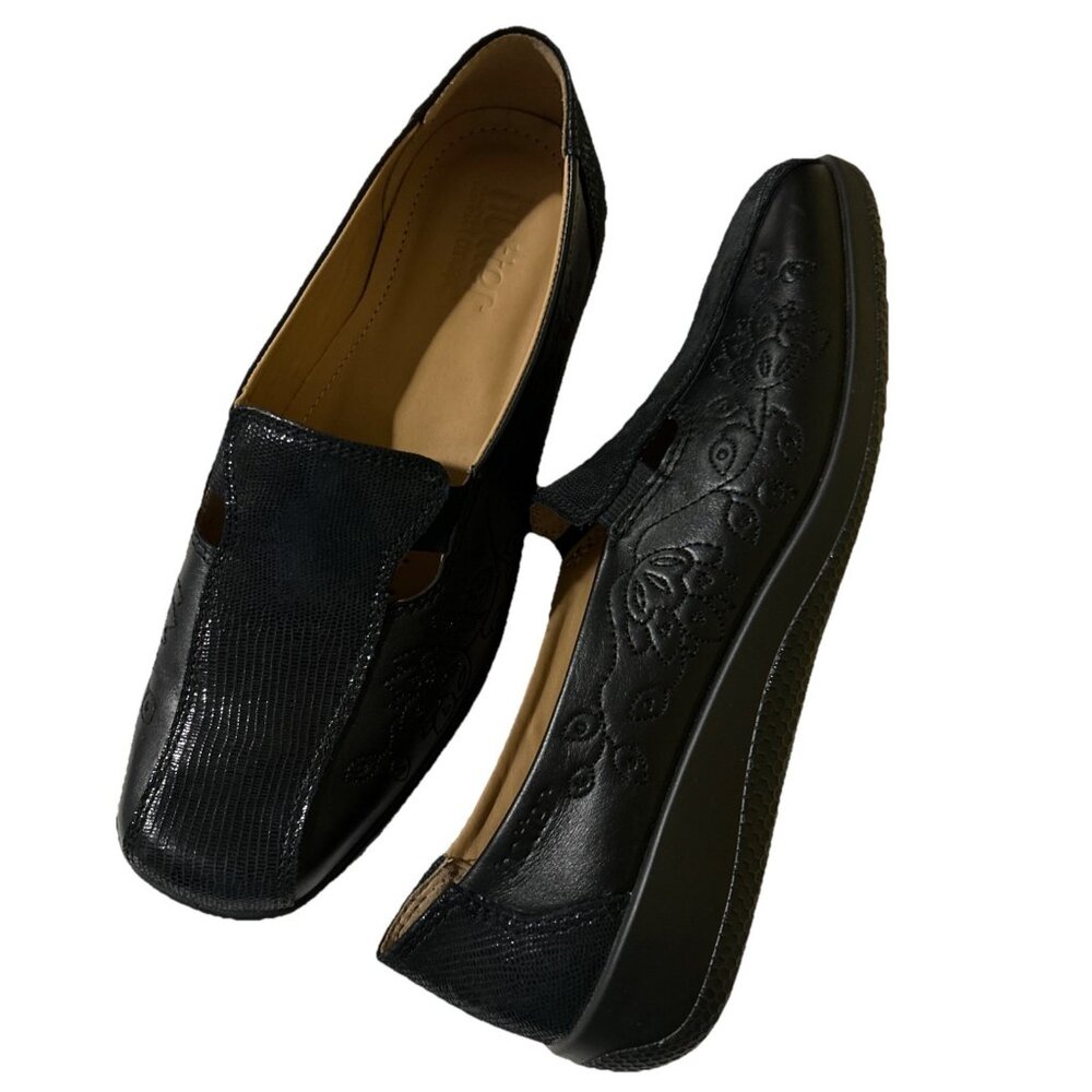 Hotter Slip On Shoes Flats Calypso Size 8.5 Black Leather Comfort Floral New